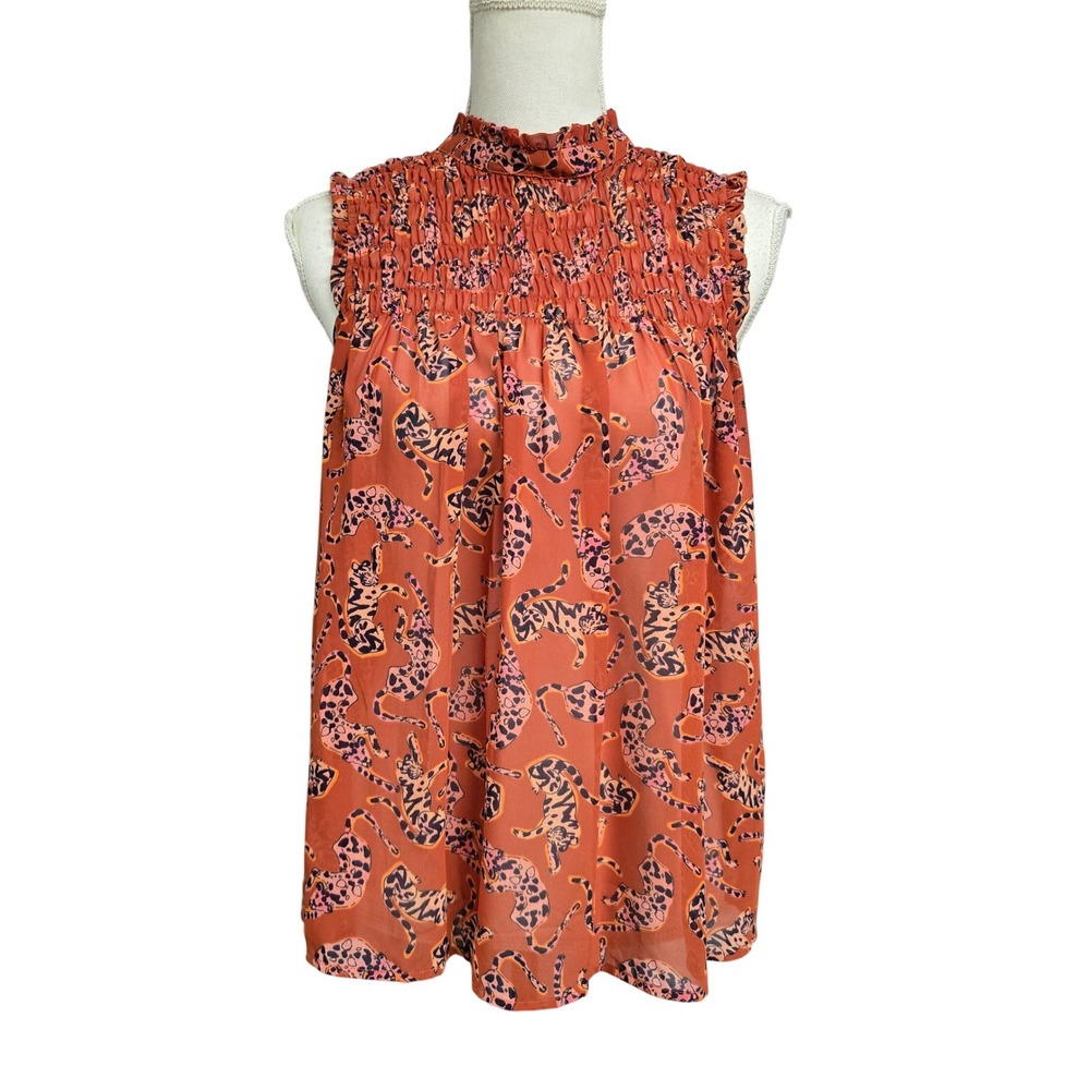 Maeve Anthropologie Leopard Tiger Print Smocked Mock Neck Blouse Orange Size 8